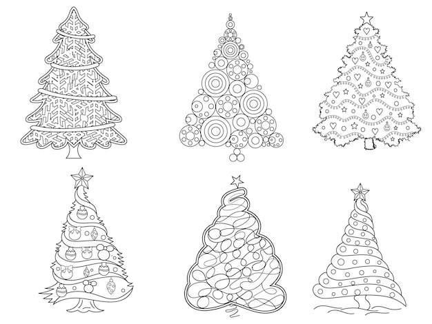 Christmas tree black and white vector illustration for coloring