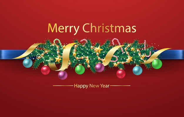 Christmas tree border background on red background with decorations and fir branches.