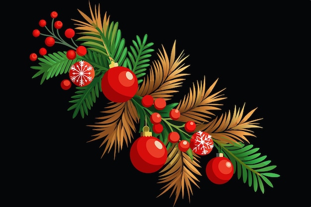 Vector christmas tree branch with balls on a black background