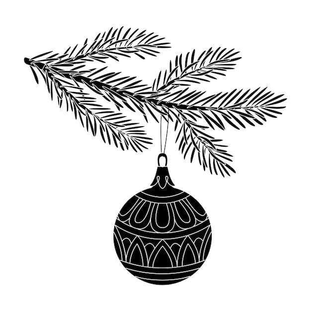 Christmas tree branch with christmas ball silhouette hand drawn doodle style