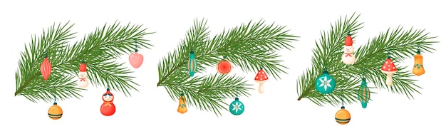 Christmas tree branch with toys. Christmas illustration. Christmas decorations in cartoon style.