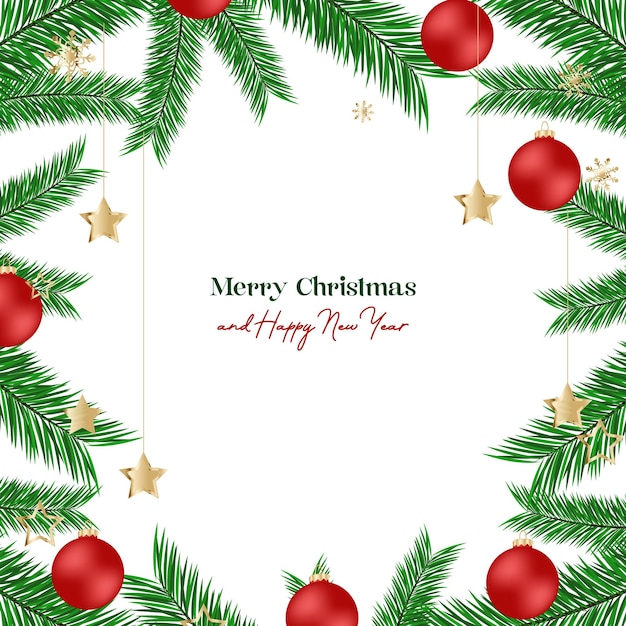 christmas tree branches background with christmas balls frame and gold stars decoration