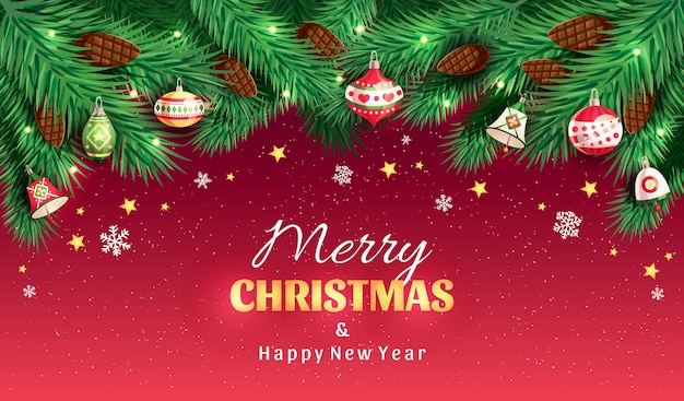 Christmas tree branches with fir-cones, christmas toys, bells, stars, snowflakes on red background with Merry Christmas & Happy New Year text