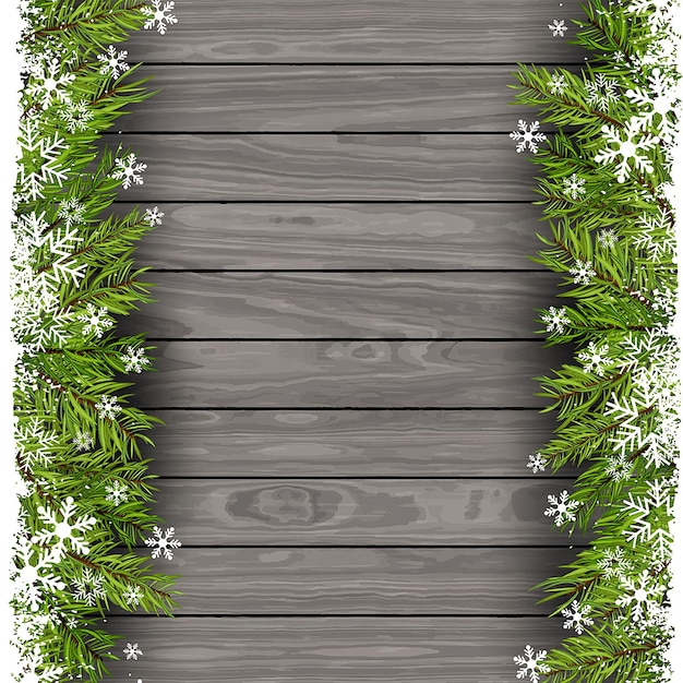 Christmas tree branches on wood background