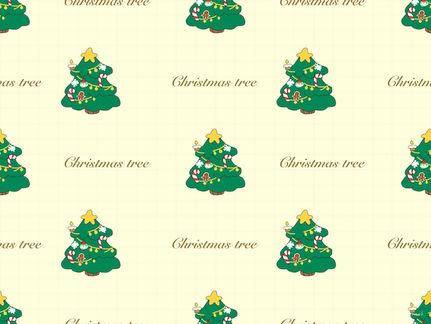 Christmas Tree cartoon character seamless pattern on yellow background