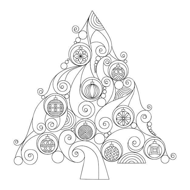 Vector christmas tree coloring page on white background doodle christmas tree with ornaments