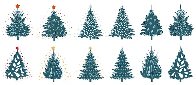 Christmas tree decorated set in flat style isolated