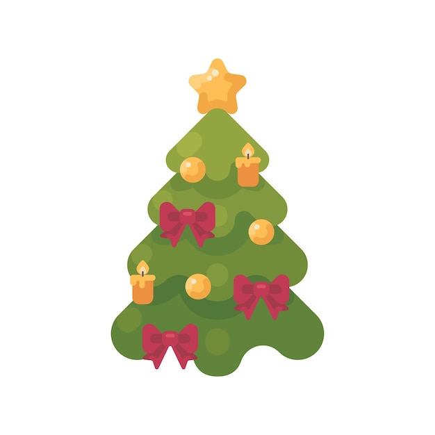 Christmas tree decorated with baubles, ribbons and candles. New year flat icon