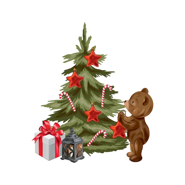 Christmas tree decorated with stars teddy bear gifts candlestick Vector illustration for New Year composition Design element for greeting cards invitations themed banners flyers