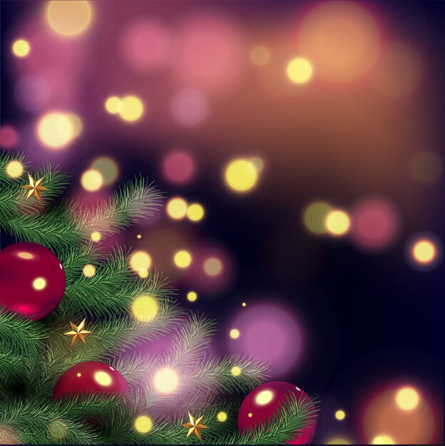 Christmas tree and decorations on winter background. Realistic flare lights. Bokeh lights