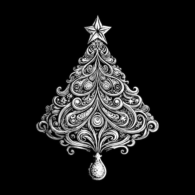 Vector christmas tree engraving decorated with ornaments