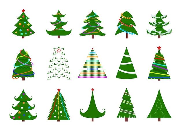 Christmas tree flat icons New year trees xmas star and tradition decorations Cartoon winter holiday graphic elements exact seasonal vector symbols