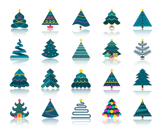 Christmas tree flat icons set, winter xmas, new year symbol, stylized spruce, fir, pine sign.