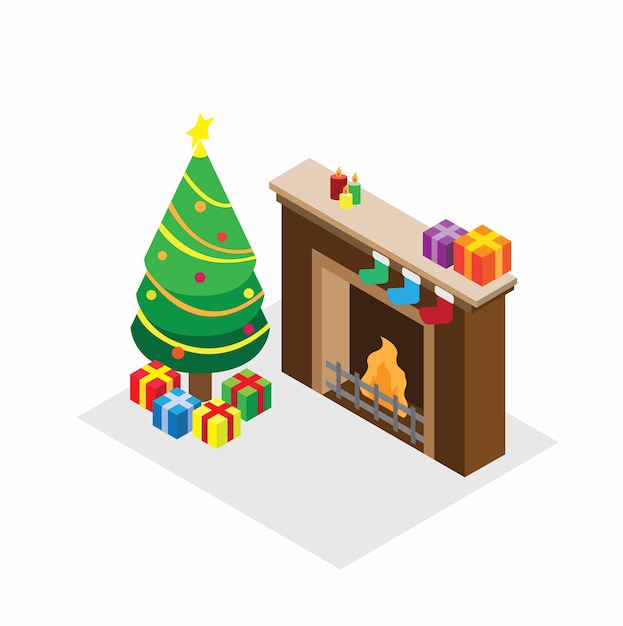 christmas tree, gift and chimney in isometric concept illustration