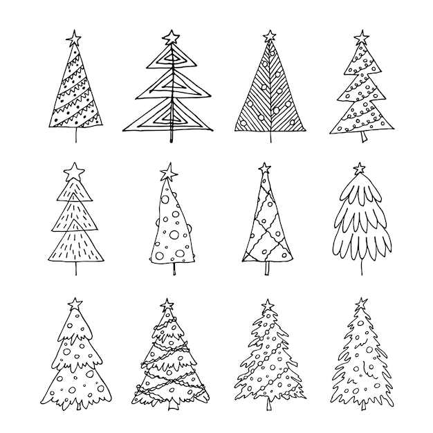 Christmas tree hand drawn clipart Spruce doodle set Single element for card print design decor