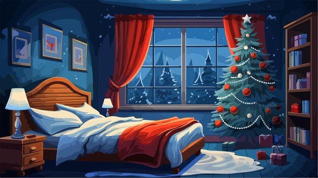 Vector a christmas tree is in a bedroom with a window and a window with a christmas tree on the wall