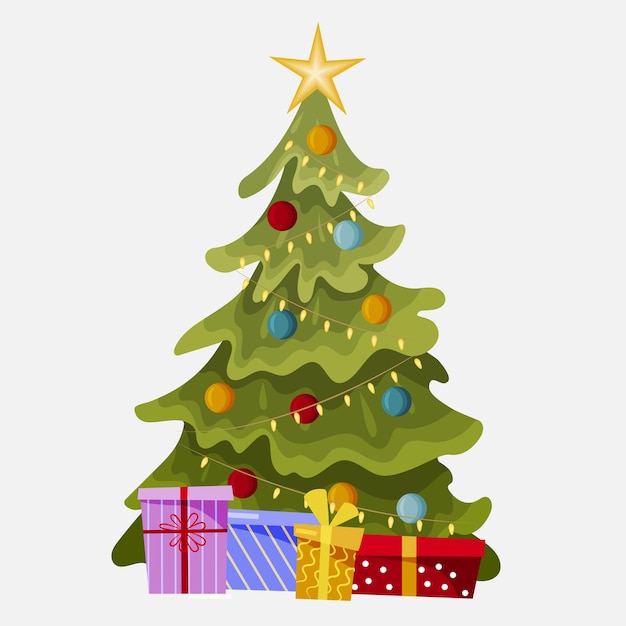 The Christmas tree is decorated with a star decorative balls and garlands There are boxes with gif