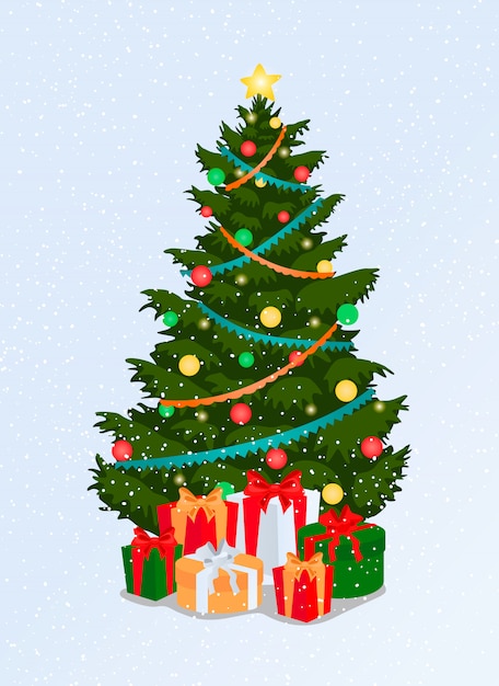 Christmas tree isolated on blue background.