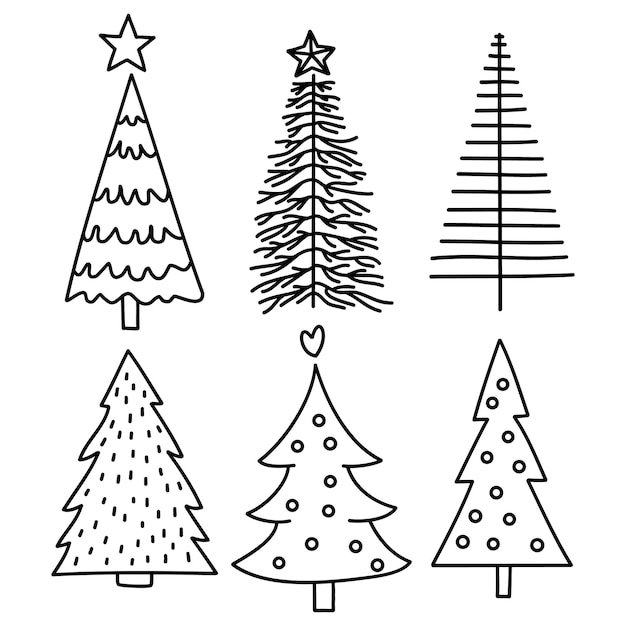 Christmas tree line illustration set, winter line art vector, christmas decoration elements