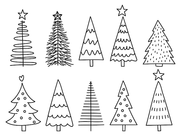 Christmas tree line illustration set, winter line art vector, christmas decoration elements