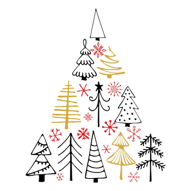 Christmas tree made of handdrawn Christmas tree and snowflake on a white Graphic design for New Year