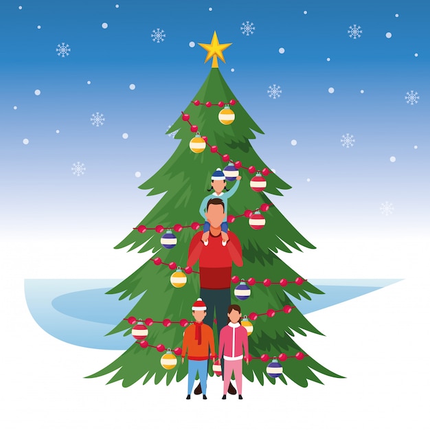 Christmas tree and man with kids, Merry christmas illustration