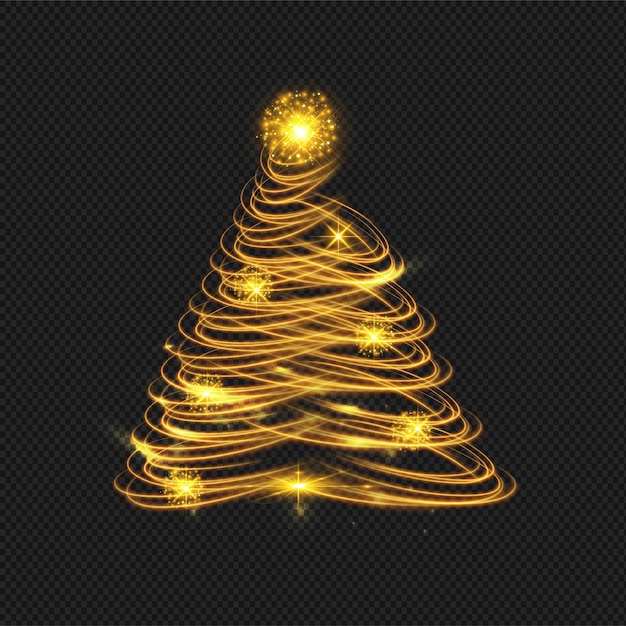 Christmas tree on night holiday background in yellow shades with glitter shiny and bright explosion.