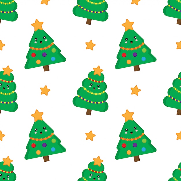 Christmas tree seamless pattern. Cute kawaii fur trees. 