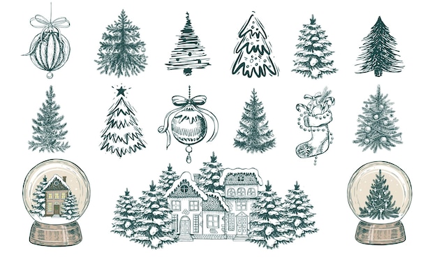 Christmas tree set, Christmas ball set. Hand drawn illustration.