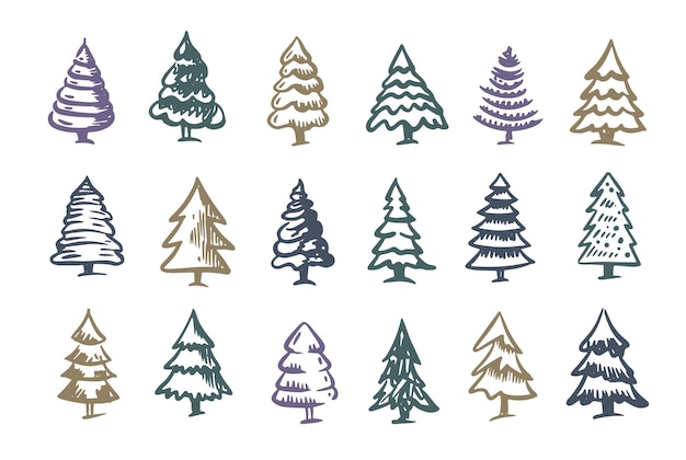 Christmas tree set Hand drawn illustrations