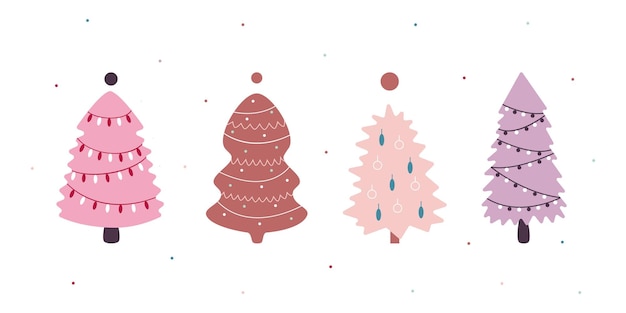 Christmas tree set pink colors cute design simple minimalism flat illustration