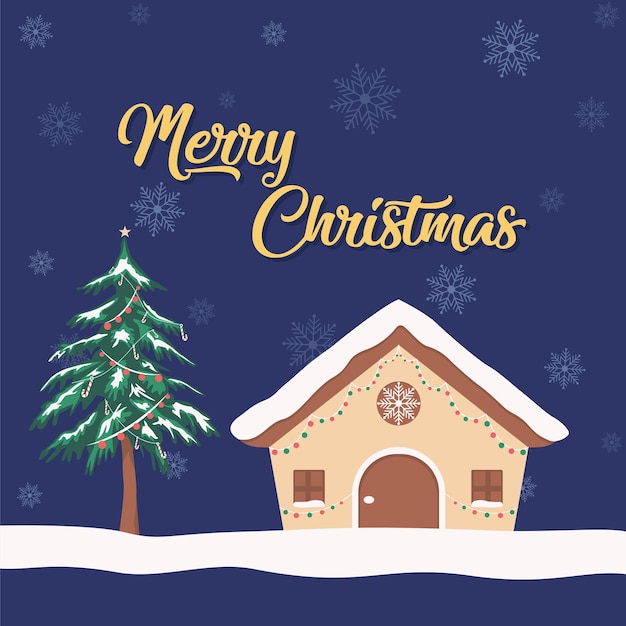 Christmas Tree and Snow House in Cartoon Illustration Vector for Greeting Card