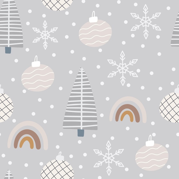 Christmas tree and snowflake seamless pattern New Year Vector illustration in Scandinavian style