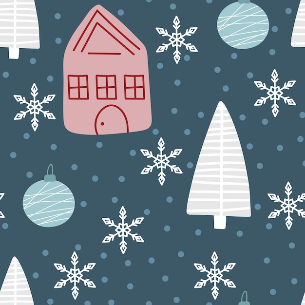 Christmas tree and snowflake seamless pattern New Year Vector illustration in Scandinavian style