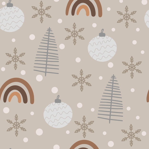 Christmas tree and snowflake seamless pattern New Year Vector illustration in Scandinavian style