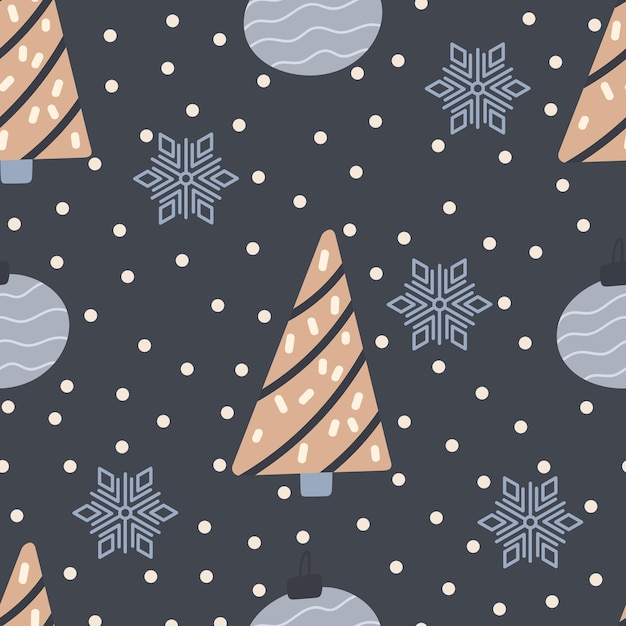 Christmas tree and snowflake seamless pattern New Year Vector illustration in Scandinavian style