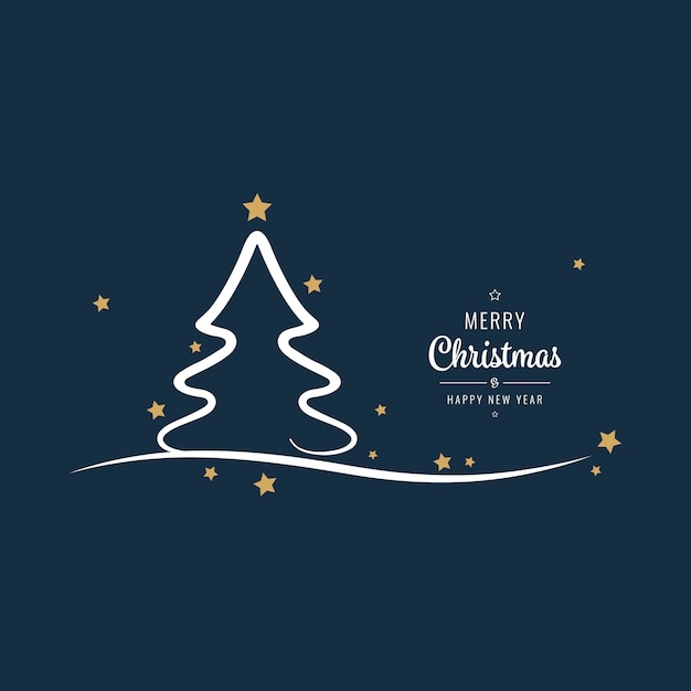 christmas tree stars lettering greetings golden blue background