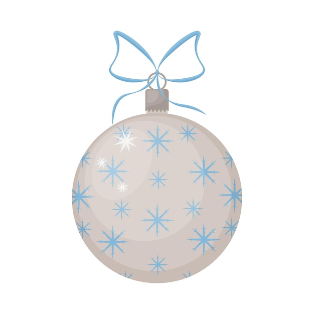 Christmas tree toy ball. A toy for decorating a Christmas tree in the form of a silver ball decorated with blue snowflakes. Christmas accessory, vector illustration isolated on a white background.