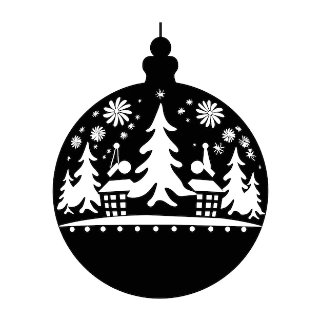 Christmas tree toy icon Black silhouette of Christmas ball Vector drawing Isolated object on whit