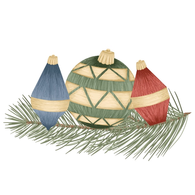 Christmas tree toys compositions. Different colorful vector tree toys.