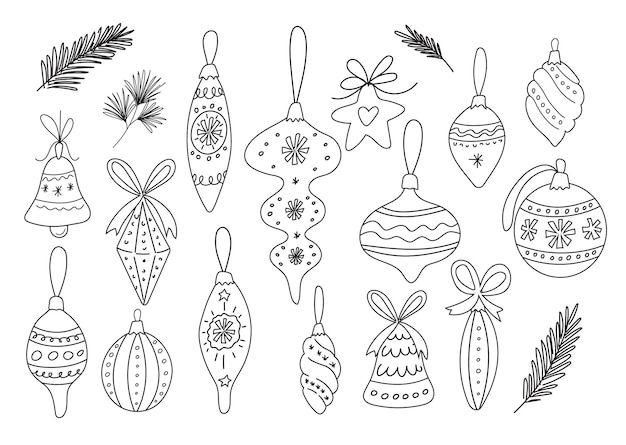 Christmas tree toys doodle set vector colorless set design elements for page of childrens coloring