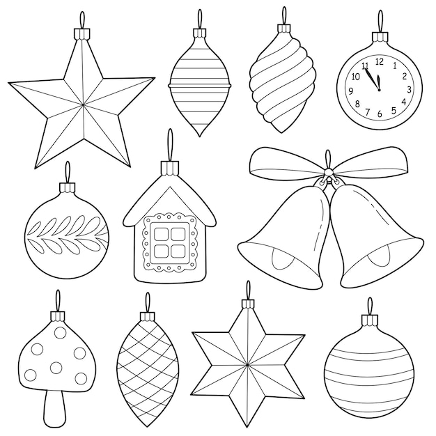 Christmas tree toys set Design elements or page of children's coloring book