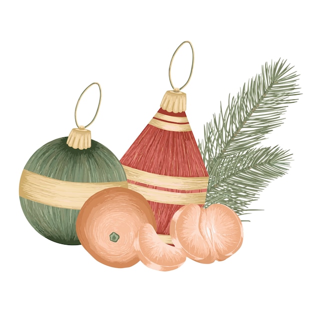 Christmas tree toys with tangerine, vector art