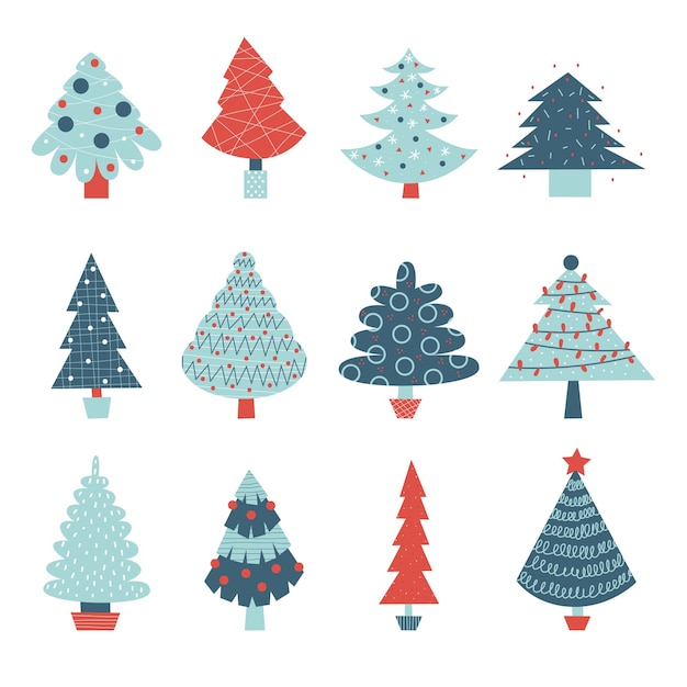 Christmas tree of various shapes and colors vector flat illustration set