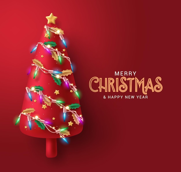 Christmas tree vector background design. Merry christmas greeting text with sparkling lights in red