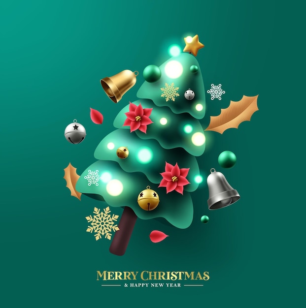 Christmas tree vector background design. Merry christmas and happy new year greeting text with spark