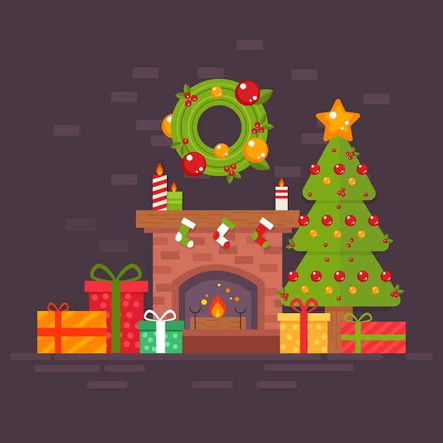 Christmas tree with fireplace flat design