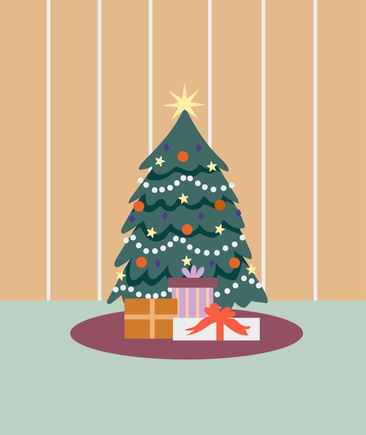 Christmas tree with gift boxes hand drawn illustration in flat cartoon style