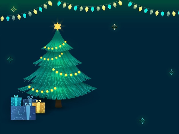 Christmas Tree With Gift Boxes Lighting Garland Decorated On Blue Background And Copy Space