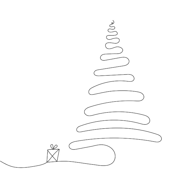 Christmas tree with gift one line vector illustration